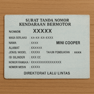 Foto STNK kendaraan dengan nama MINI COOPER, menggambarkan contoh dokumen pajak mobil yang menjadi pembahasan utama artikel tentang pajak dan harga Mini Cooper terbaru.