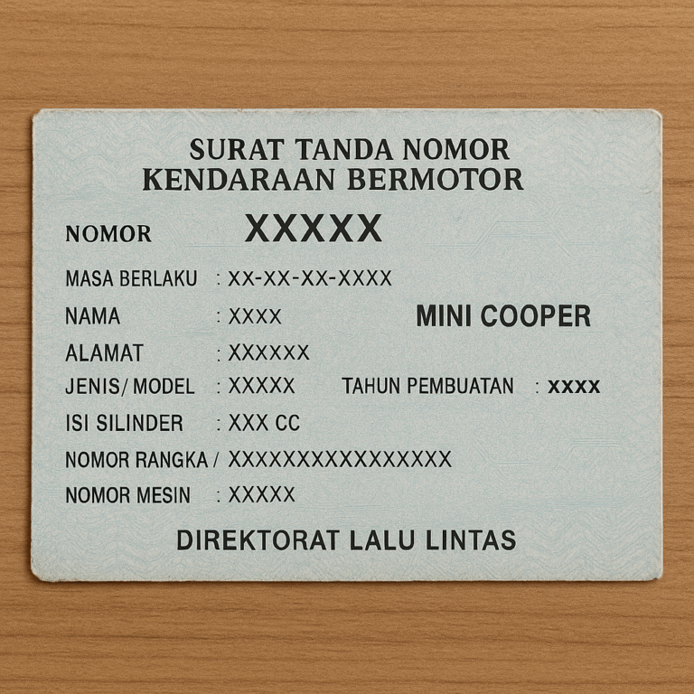 Foto STNK kendaraan dengan nama MINI COOPER, menggambarkan contoh dokumen pajak mobil yang menjadi pembahasan utama artikel tentang pajak dan harga Mini Cooper terbaru.
