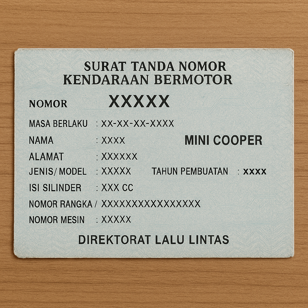 Foto STNK kendaraan dengan nama MINI COOPER, menggambarkan contoh dokumen pajak mobil yang menjadi pembahasan utama artikel tentang pajak dan harga Mini Cooper terbaru.