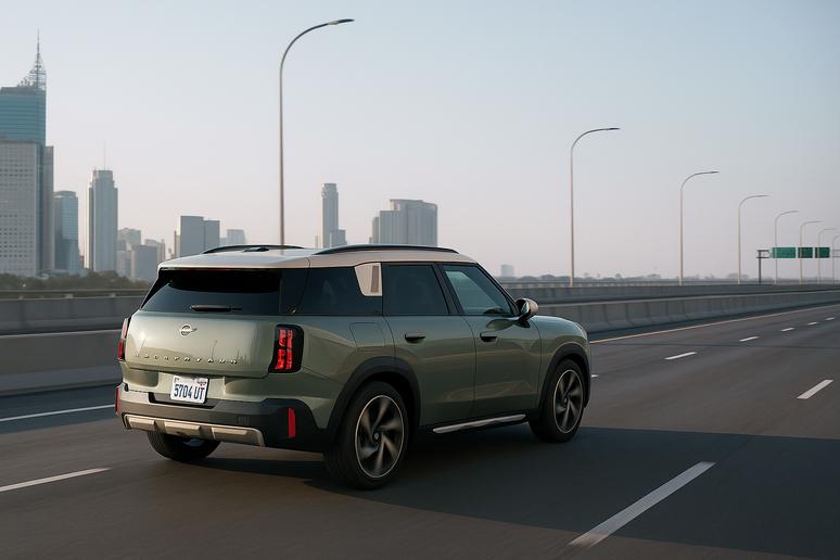 All New MINI Countryman dengan teknologi ALL4 melaju di jalan tol Jakarta, menampilkan keunggulan fitur AWD yang memengaruhi harga MINI Cooper di kelas crossover premium.