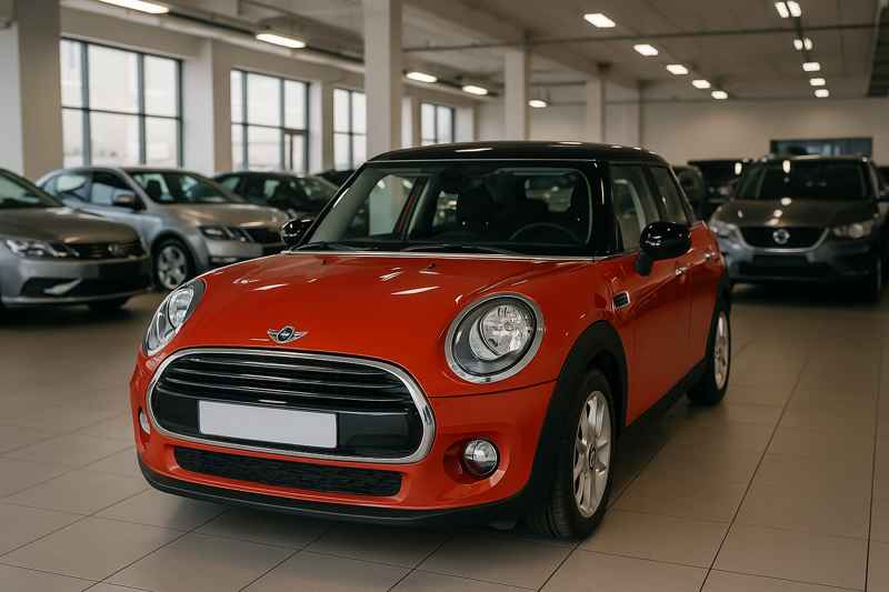 Mini Cooper bekas warna merah sedang dipajang di showroom mobil bekas, siap dijual dengan harga lebih terjangkau