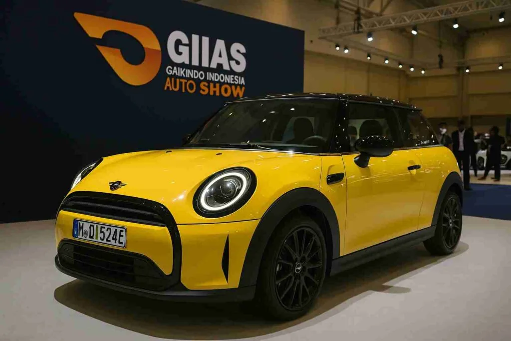 Mini Cooper warna kuning tampil di booth GIIAS 2025 di ICE BSD, dikelilingi sorotan lampu pameran dan pengunjung yang menyaksikan peluncuran model terbaru.