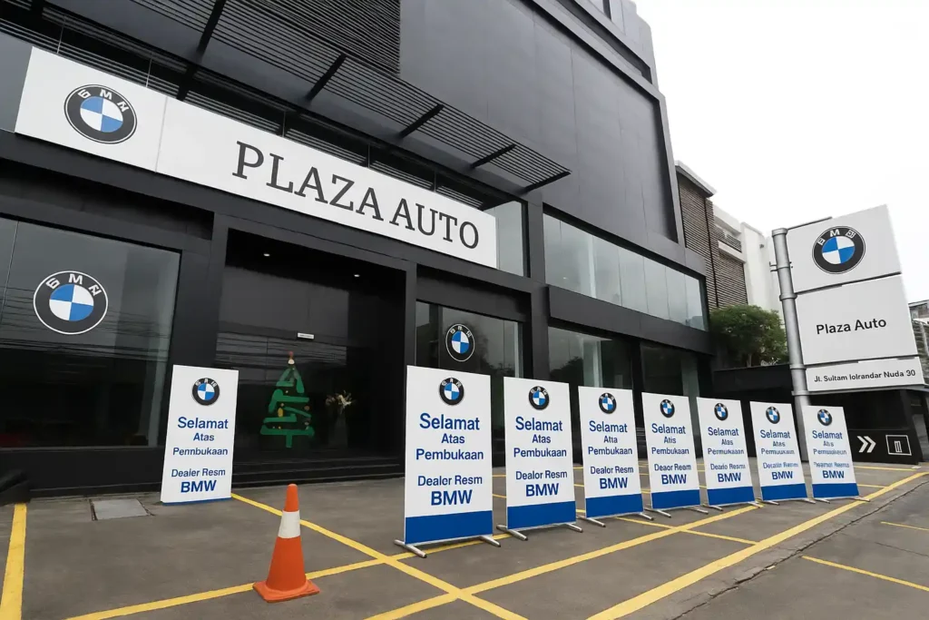 Tampak depan Plaza BMW Pondok Indah dengan branding BMW, papan ucapan pembukaan resmi, dan lokasi strategis di Jl. Sultan Iskandar Muda No. 99 Jakarta Selatan.