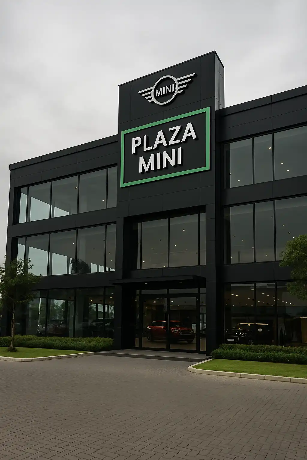 Tampilan depan dealer Plaza MINI Serpong dengan desain modern, kaca besar, dan logo MINI, menampilkan suasana showroom resmi MINI Cooper di Indonesia.