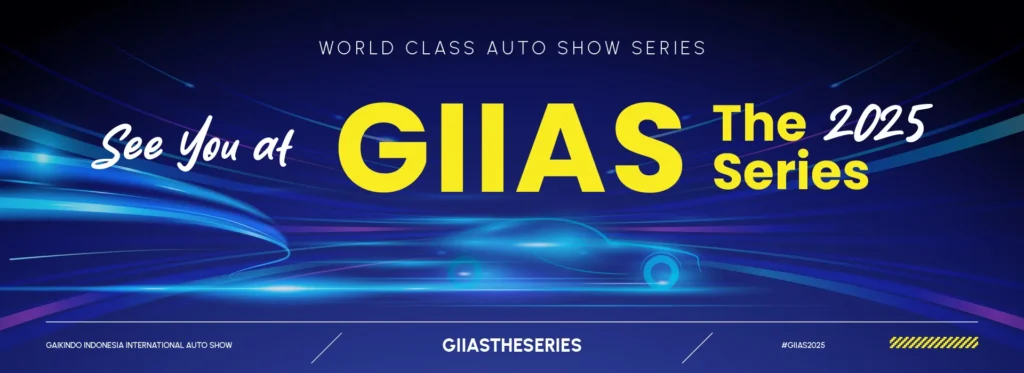 Banner promo MINI Cooper GIIAS 2025 dengan desain futuristik dan warna biru neon.