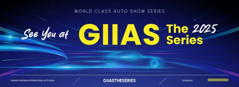 Banner promo MINI Cooper GIIAS 2025 dengan desain futuristik dan warna biru neon.
