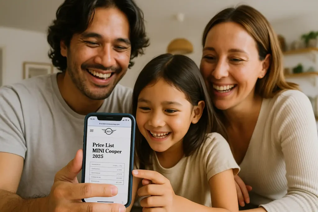 Keluarga muda sedang membaca price list harga Mini Cooper 2025 di situs plazamini-serpong.com melalui iPhone dengan latar rumah gaya Scandinavian.