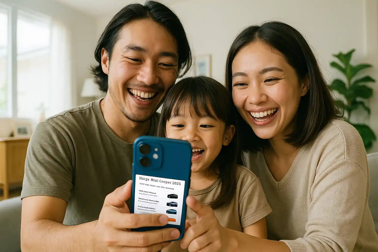 Keluarga muda sedang membaca price list harga Mini Cooper 2025 di website plazamini-serpong.com melalui iPhone, dengan latar rumah bergaya Scandinavian dan ekspresi senang.