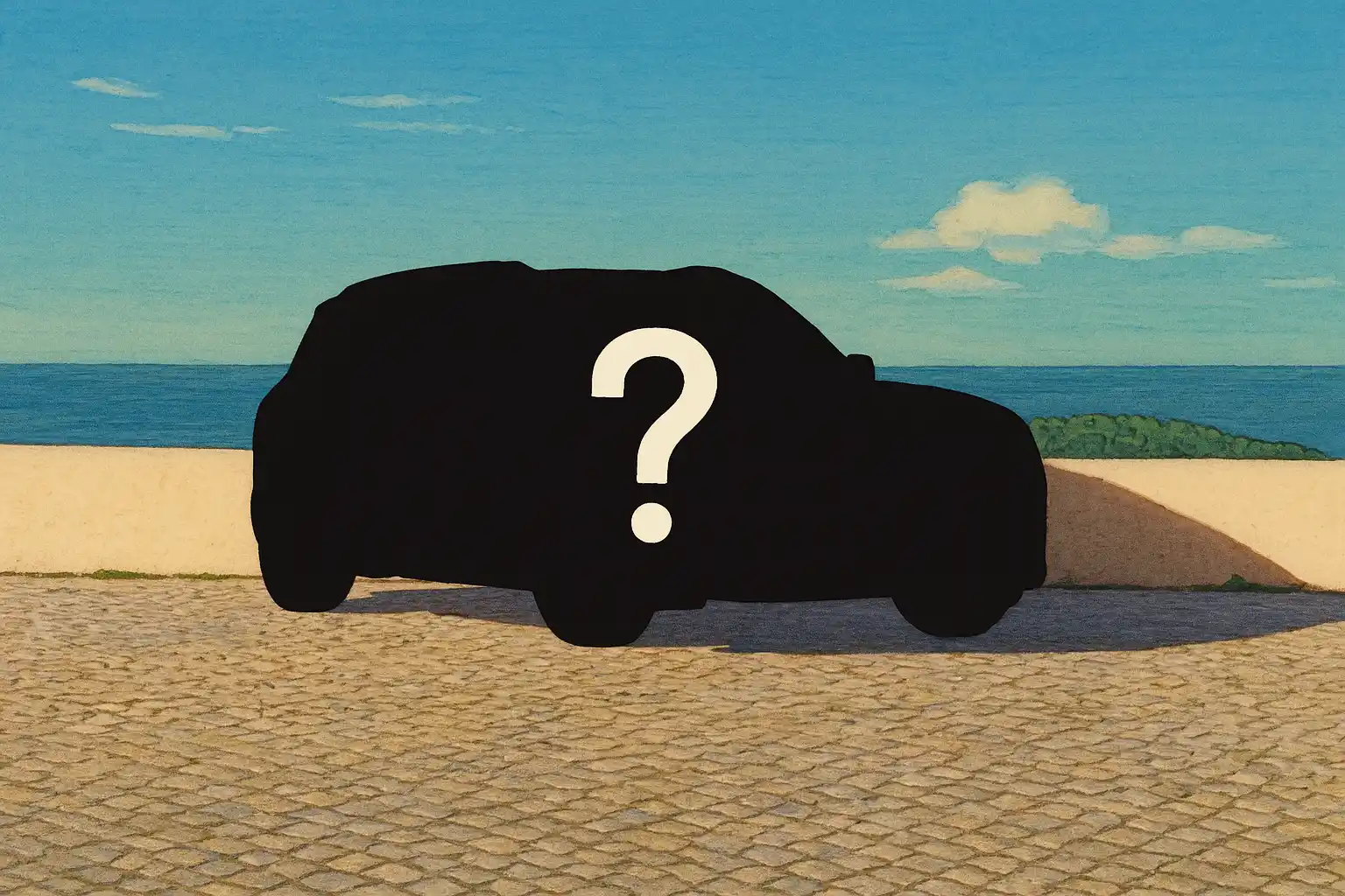 Ilustrasi siluet mobil menampilkan bentuk MINI Cooper dalam warna hitam dengan tanda tanya di tengah, menggambarkan misteri seputar harga Mini Cooper termahal di tahun 2025.