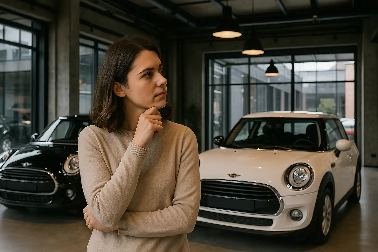 Seorang wanita sedang berdiri di showroom bergaya industrial, tampak bimbang antara beli Mini Cooper baru atau bekas.