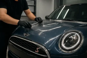 PPF MINI Cooper dipasang pada kap mobil untuk perlindungan cat