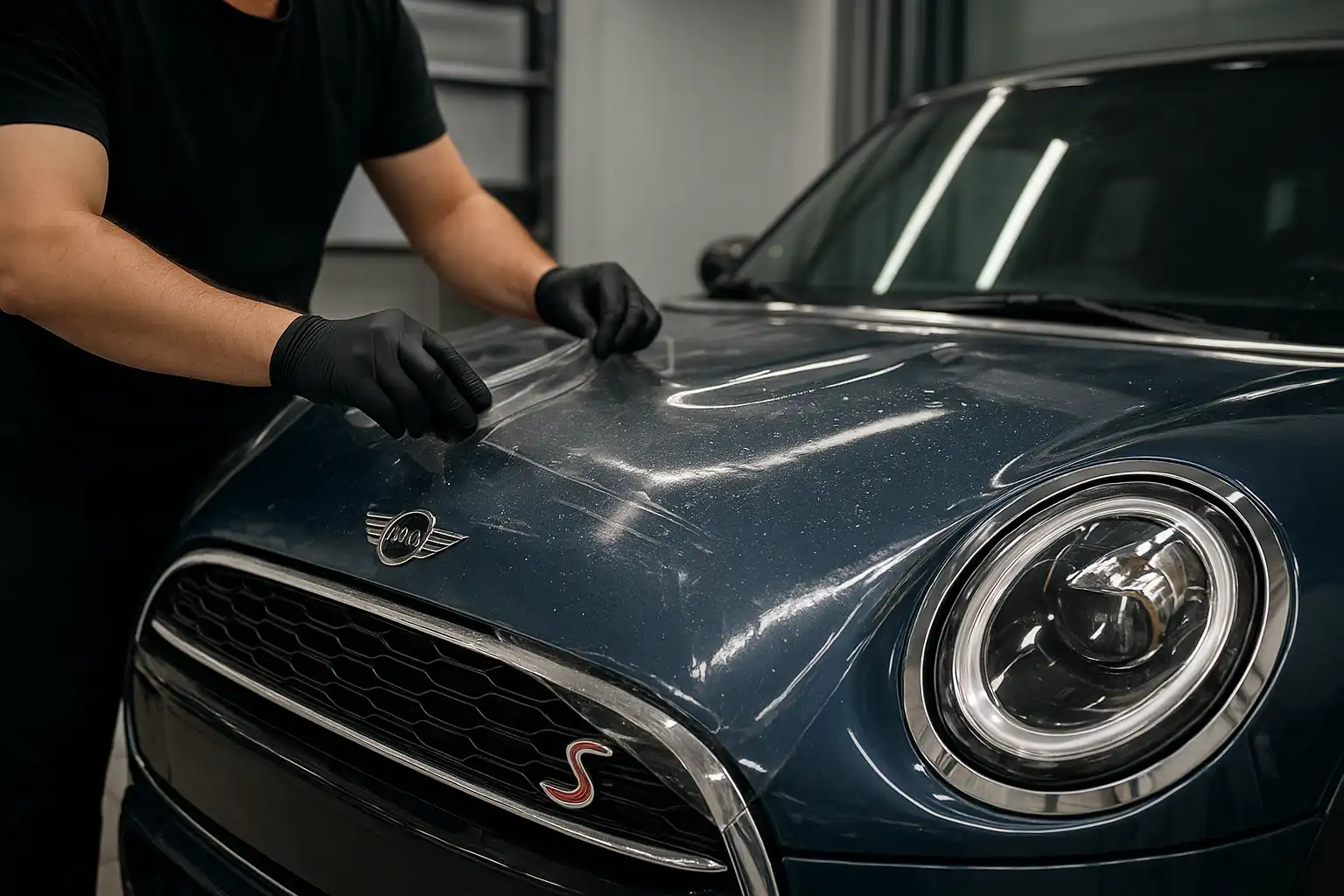 PPF MINI Cooper dipasang pada kap mobil untuk perlindungan cat