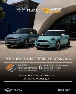 Promo MINI Cooper GIIAS 2026 di ICE BSD City dengan Anniversary Bonus hingga Rp220 juta untuk MINI Electric dan hadiah MINI Passport Case.
